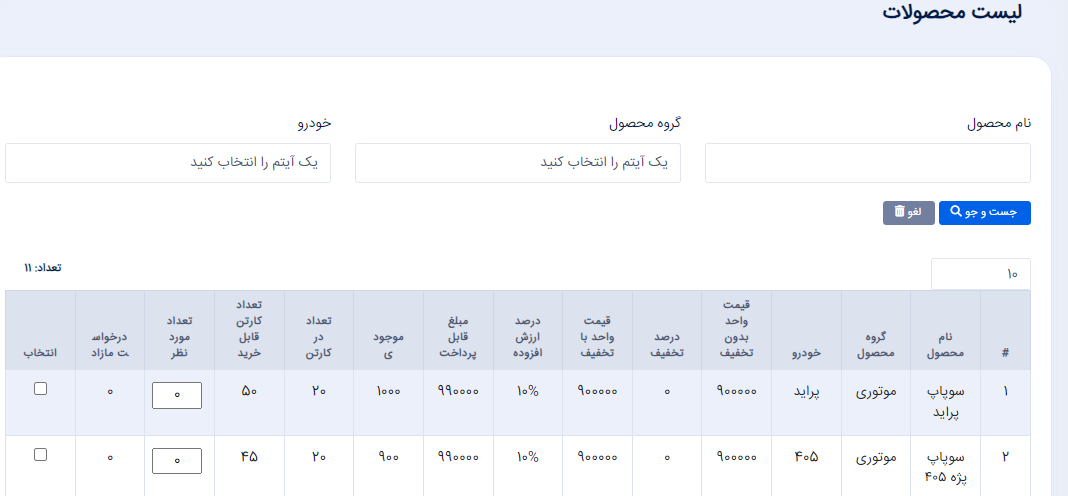 نمونه جدول محصولات